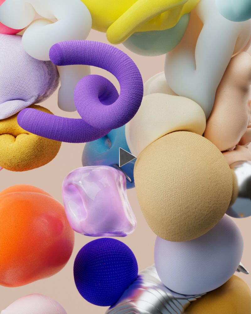 Collage van verschillende vormen en materialen in allerlei kleuren. Onder andere oranje, gele, paarse en blauwe kiezelvormige elementen en een aantal spiralen.