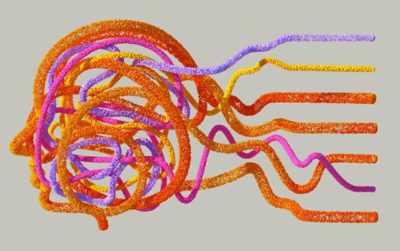Digitale kunst met veel kleuren en strepen die een gezicht vormen