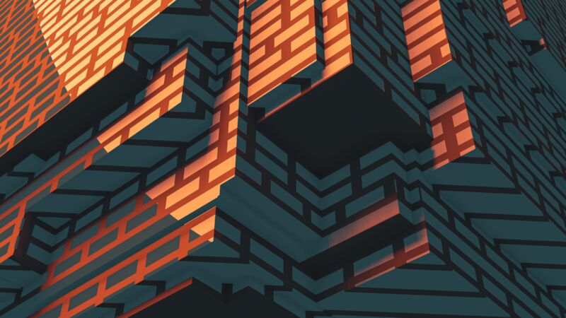 Digitaal beeld van een gebouw met verschillende verdiepingen en uitstekende stukken.