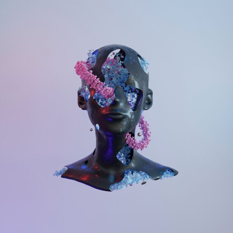Digitaal kunstwerk van een borstbeeld met gaten waar een soort bloemenslingers uit komen.
